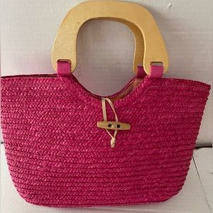 White Stag Purse Tote Pink Woven Straw Wooden Handles Toggle Closure